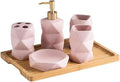 Ceramic Soap Dispenser,Foaming Hand Soap Dispenser Hand Sanitizer Dispenser, Toothbrush Holder, Soap Dish, Mouthwash Cup, Bamboo Tray(Light red)