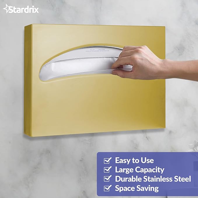 Stardrix Stainless Steel Toilet Seat Cover Dispenser, Wall Mount Single or 1/2 Fold Large Capacity Toilet Seat Covers Holder for Commercial and Residential, Brushed Gold