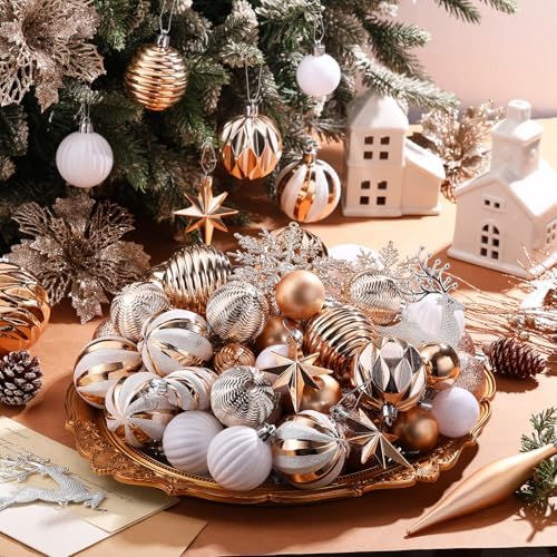 CroBlissful 118 Pcs Christmas Tree Ornaments Set Including Ornaments Balls, Hanging Snowflakes Icicle, Mesh Ribbon, Tree Top Star, Flower, Berries Stems for Xmas Trees Holiday Decor (Champagne)