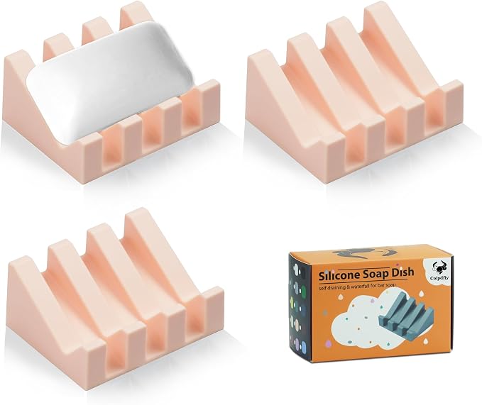 Self Draining Soap Dish Holder,Silicone Soap Dish,for Bathroom,Kitchen, Sponges，Can Extend Soap Life，Keep Soap Bars Dry and Easy Cleaning (N-Pink,3-Pack)