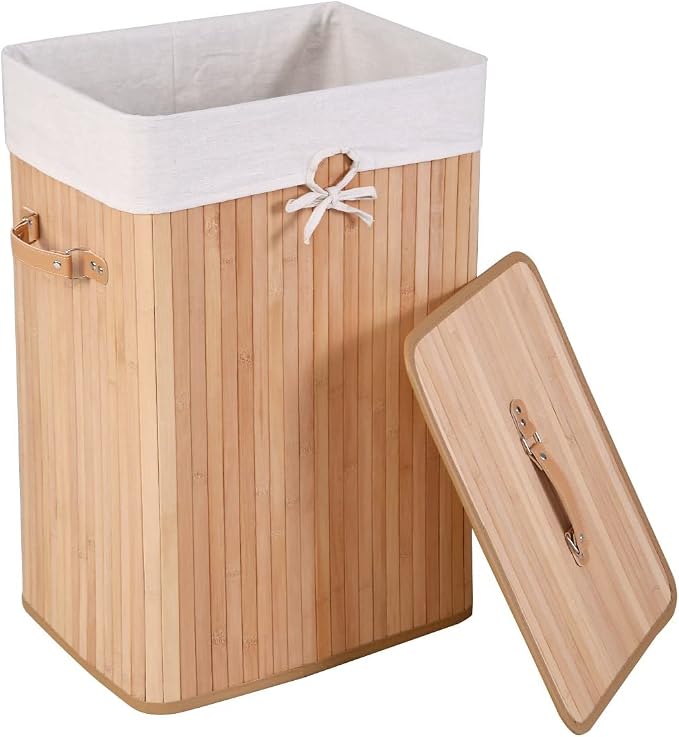 Byroce Bamboo Laundry Basket, Collapsible Laundry Hamper with Lid, Removable Liner & Handles, Dirty Clothes Toys Storage Bin for Laundry Room, Bedroom, Bathroom (Beige)