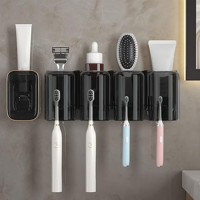 Toothbrush Rack Couple Toothbrush Holder Wall Mount Toothbrush Holder Bathroom Storage Rack with Mouthwash Cup, Toothpaste Squeezer Kit Bathroom Toothbrush Holder(B,Medium)