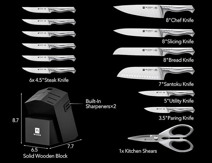 Knife Set with Block 15Pcs, High Carbon Stainless Steel, Razor-Sharp | One Piece Forged Ergonomical Silver handle, Premium German Steel, Ideal Gift with Elegent Box for Kitchen Chef, Jaguar Series