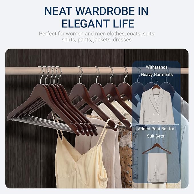 Amber Home 30 Pack Retro Wooden Coat Hangers, Vintage Wood Suit Hangers with Non-Slip Pant Bar, Clothes Hangers for Closet Organization, Shirts, Jackets, Dresses, and Pants (Retro, 30)