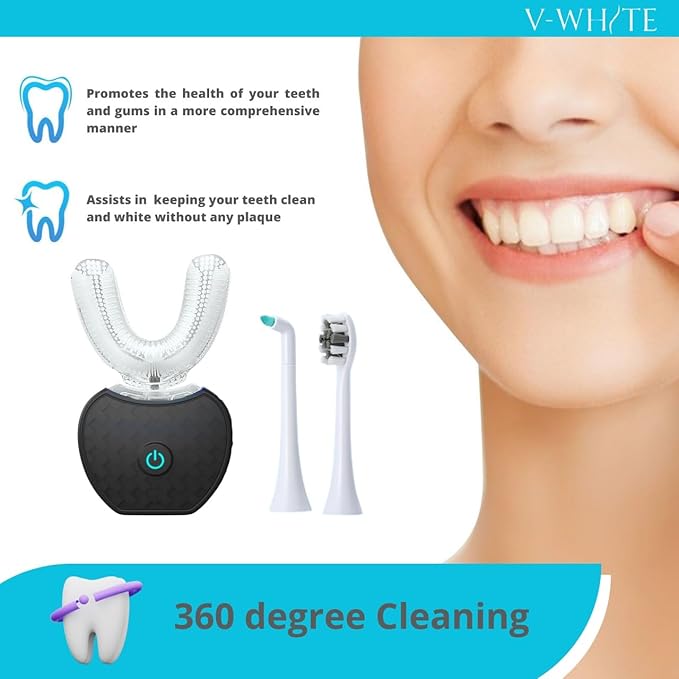 V-WHITE Adults Auto Brush Ultrasonic U-Shaped Toothbrush – 360° Teeth Cleaning, Hands-Free Electric Autobrush – Gum Protection, Waterproof IPX7, Wireless Charging