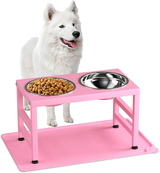 ADENGL Pink Metal Raised Dog Bowl Stand for Large Dogs, Stronger Elevated Dogs Bowls with Sprill Proof Mat, Food & Water Bowl 10in Tall Feeder (42OZ-Stainless Steel Dog Bowls, Mat-12x19 in)