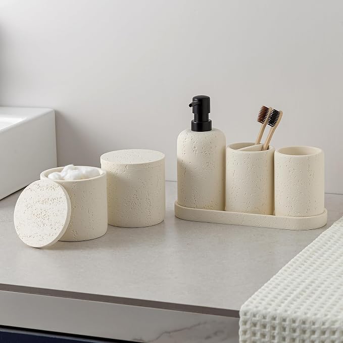 Bathroom Accessories Set,4 PCS Travertine Stone Look Collection,Cream | Modern Bath Organizer with 13.53OZ Soap Dispenser,Toothbrush Holder,Tumbler,Vanity Tray,2PCS Cotton Swab Jars for Countertop