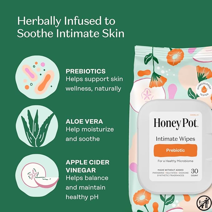 The Honey Pot Company - Feminine Wipes - Prebiotic - Herbal Infused w/Aloe Vera, Apple Cider Vinegar, & Probiotics - pH Balanced - Feminine Care for Sensitive Skin - Cleansing Wipes for Women - 30ct