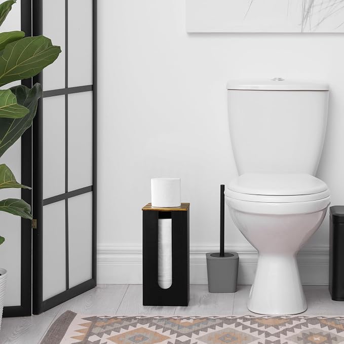 OUTNILI Freestanding Toilet Paper Holder Stand with Lid, Black Wooden Toilet Paper Storage Organizer for Bathroom Floor, Rustic Farmhouse Toilet Paper Storage Holds 3 Extra Large Rolls