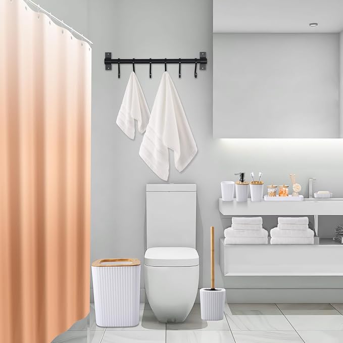 XLHOMO White Bathroom Set with Shower Curtain and Bath Towels, Beige Ombre Waterproof Shower Curtain with Stainless Steel Hooks, White Bathroom Accessories Set for Home Decor
