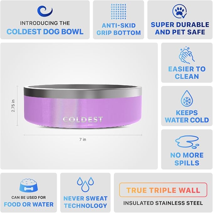 Coldest Dog Bowl - Anti Rust Metal, Non Slip, 3 Layers Insulated Stainless Steel Dog Bowls - Spill Proof & Heavy Duty - Water Bowl for Dogs, Cats, Dish Washer Safe (42 oz, Saturns Purple Glitter)