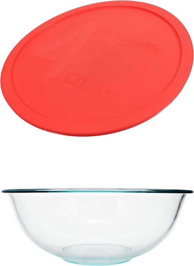 Pyrex 326 (4Qt) Glass Mixing Bowl with Red Lid - Made in USA | Tempered Glass | BPA-Free Plastic Lids | Refrigerator & Freezer Safe | Dishwasher Safe | Reusable | Meal Prep