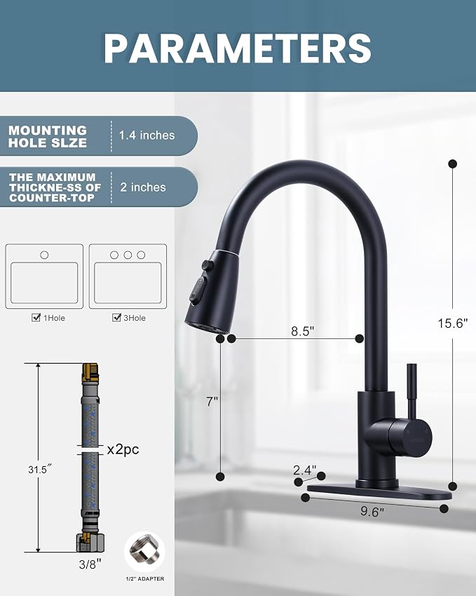 WOWOW Touchless Kitchen Faucet with Sprayer, Smart Motion Sensor Matte Black Kitchen Sink Faucet, Stainless Steel Kitchen Faucet for Sink 1 or 3 Hole Single Handle Kitchen Tap