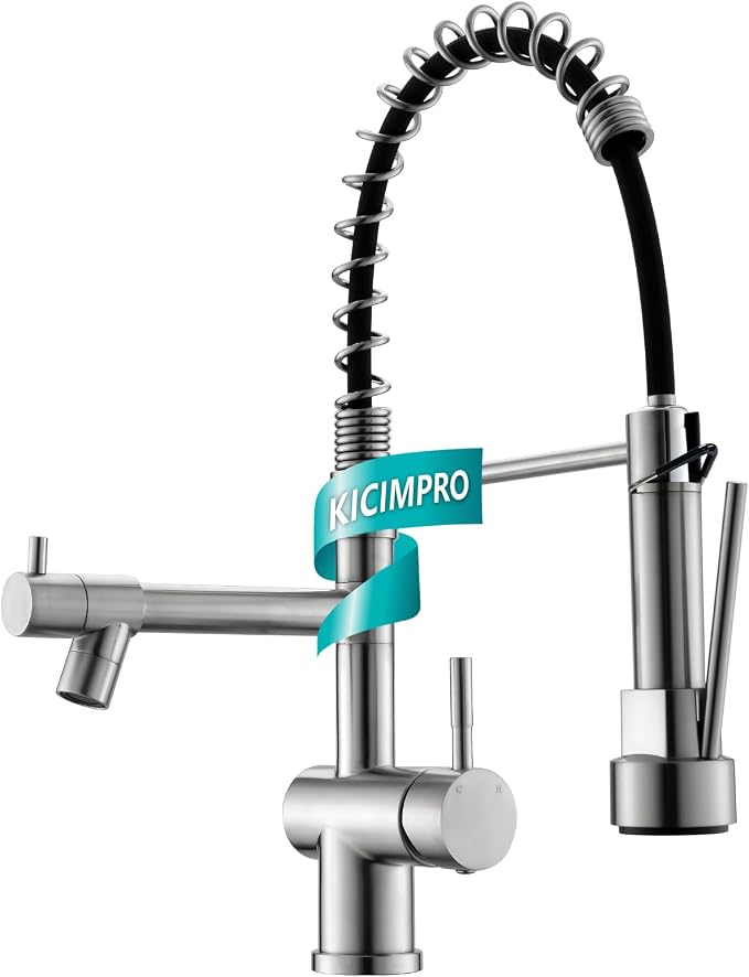 Kicimpro Faucet for Kitchen Sink, Commercial Kitchen Faucet with Pull Down Sprayer Brushed Nickel Spring Single Handle High Arc Stainless Steel Kitchen Bar Sink Faucet 1 Hole Or 3 Hole Compatible