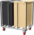 Commercial Laundry Cart with Wheels, 400L 2-Section Large Lanudry Hamper with Wheels, Heavy-Duty Rolling Laundry Cart with Silent Rubber & Waterproof Oxford Bags (Black Beige)