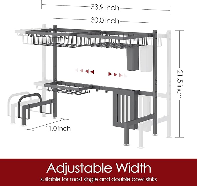 Sakugi Over The Sink Dish Drying Rack - Adjustable 2 Tier Large Capacity Stainless Steel Drainer with Cutlery & Utensil Holders, Kitchen Storage & Organization, 30"-33.9" L x 11" W x 21.5" H, Gray