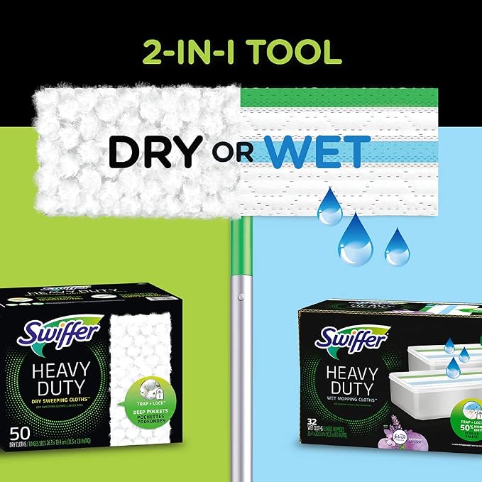 Swiffer Sweeper Heavy Duty Cleaning Kit: 2-in-1 Dry and Wet Multi Surface Floor Cleaner, Includes 1 Mop + 40 Heavy Duty Pads + 14 Dry Cloths + 5 Wet Cloths
