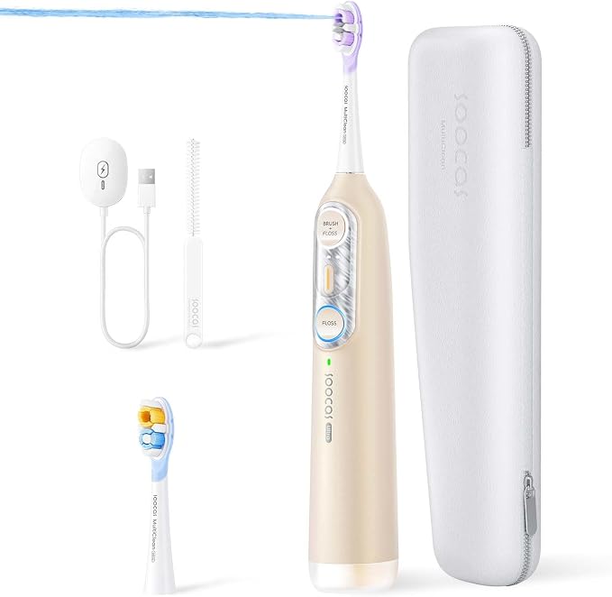 Soocas 3-in-1 Sonic Flossing Toothbrush for Adults, Light Gold | 3-in-1 flossing, sonic vibration and 20° sweeping, 66,000 movements/min, 80-sec water flossing, 30-day battery