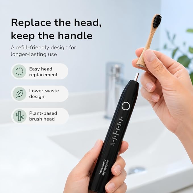 Sustainable Tomorrow Zen Bamboo Electric Toothbrush, Durable Wood-Grain ABS Handle, Rechargeable w/Plant-Based Soft Bristles, Bamboo Heads, 5 Modes & 30-Day Battery (Black)