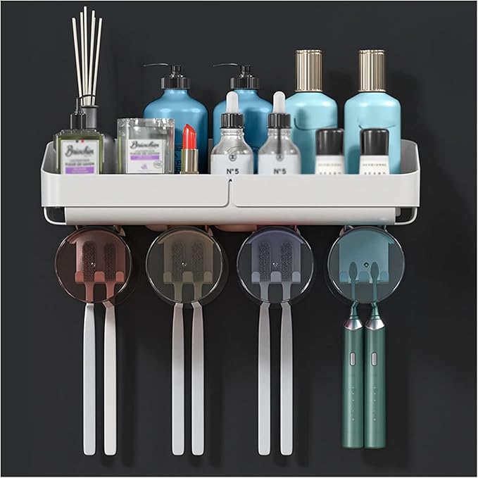 Toothbrush Rack Multifunctional Bathroom Toothbrush Holder Wall Mounted Organizer, Toothbrush Holder with Toothpaste Dispenser and Cups Bathroom Toothbrush Holder(B)