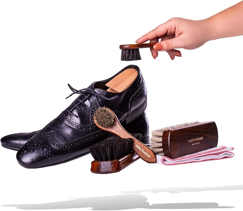 Shoe Care Kit – 6 Piece Set with Horsehair Brushes, Applicators & Cotton Cloth – Leather Shoe Cleaning & Polishing Kit – Made in Germany