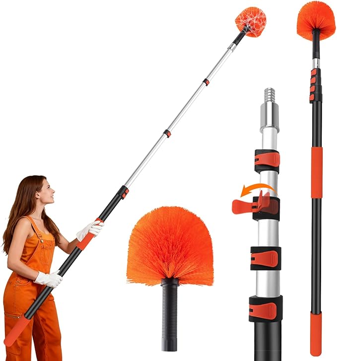 26FT Reach Cobweb Duster with Extension Pole - Spider Web Brush with 5-20 FT Telescopic Aluminum Pole, Washable & Reusable Soft Bristles for Cleaning High Ceiling Corner, Indoor, Outdoor