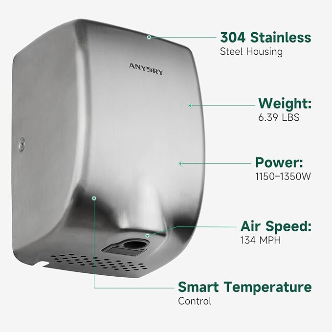 anydry Compact Hand Dryer, High-Speed 1350W Airflow, Brushed Stainless Steel Finish, Space-Saving for Commercial & Home Use, Model AD2803Y