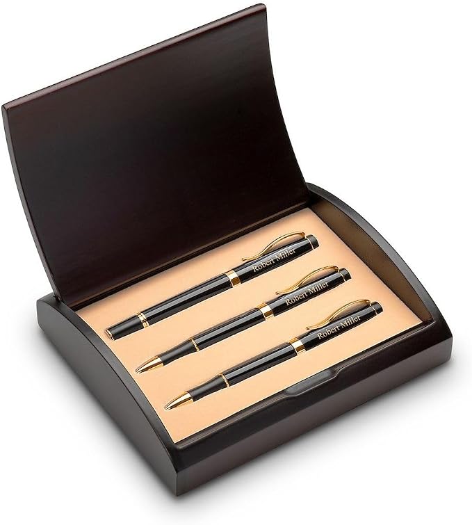 Executive Gift Shoppe | Personalized Laser Engraved Three Piece Pen & Pencil Gift Set with Cherry Wood Box