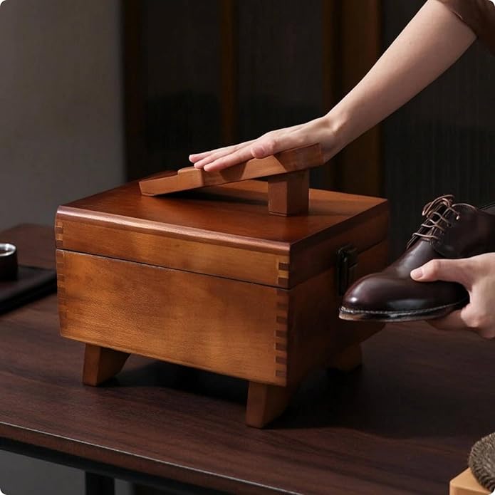 Shoe Polish Shoe Care Box Organizer Storage Carrier With Wooden Build Hinged Lid Latch Closure Elevated Base Portable Handle suitable for travel between rooms office storage home care , style to 1