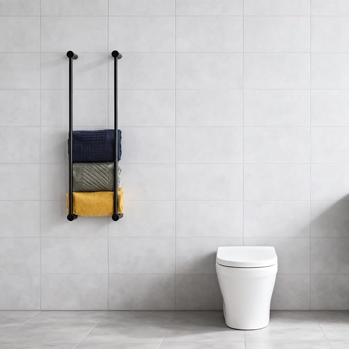 Towel Racks for Bathroom, NEWRAIN Wall Mounted Stainless Steel Organizer, Matte Black Rolled Towel Storage Wall-Mounted Bath Towel Holder for Folded Large Towel Washcloths ﻿