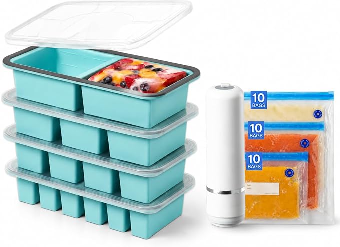 Silicone Freezer Trays Bundle with Vacuum Sealer & 30 Bags, 4 Pack | Meal prep bundle, 4 silicone freezer trays, Handheld vacuum sealer, 30 reusable bags, Dishwasher safe, Stackable alloy frame