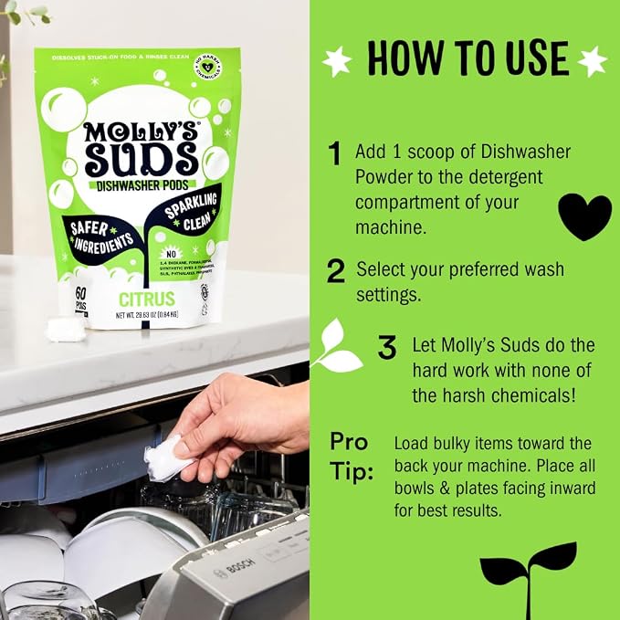 Molly's Suds Dishwasher Powder | Clean Dishwasher Detergent, Cuts Grease & Rinses Clean (Residue-Free) for Sparkling Dishes | 60 Loads (Citrus)