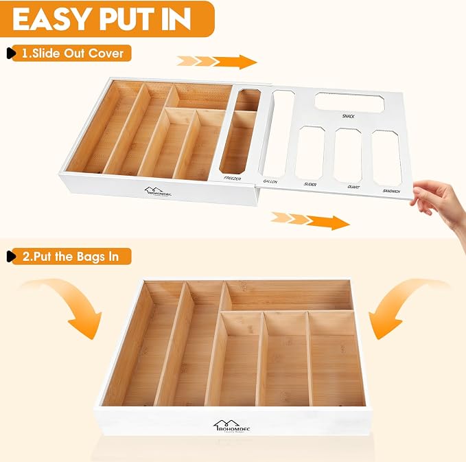 6 in 1 Bamboo Ziploc Bag Storage Organizer, White Baggie Organizer for Drawer with Sliding Lid - Fits Gallon, Quart, Sandwich, Snack & Freezer Bags, Wall Mountable Kitchen Drawer Organization