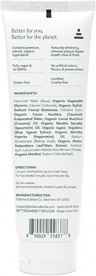 Better & Better Purity Toothpaste | Natural Whitening Coconut-Based Formula | No Additives, SLS-Free, Fluoride-Free | Organic Mint Flavor | Vegan & Antiplaque | 3.4oz