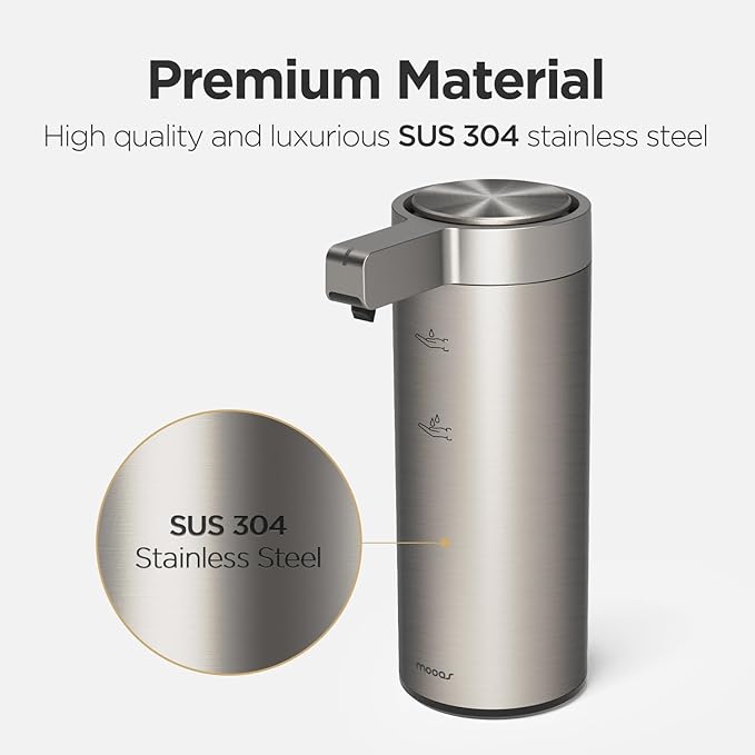 mooas Automatic Liquid Soap Dispenser Stainless Steel, Rechargeable | 2-Level Adjustable, IPX5 Waterproof, USB-C Charging, 17oz Capacity, Liquid Soap, Automatic Cleaning, Kitchen, Bathroom