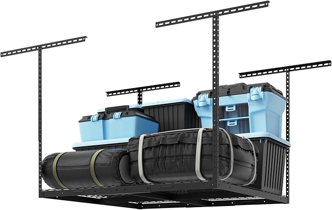 FLEXIMOUNTS 4x4 Overhead Garage Ceiling Storage Rack Organization, Black | 350lbs Weight Capacity, 22"-40" Adjustable Organization System, Heavy-Duty Metal Ceiling Racks, Classic Series