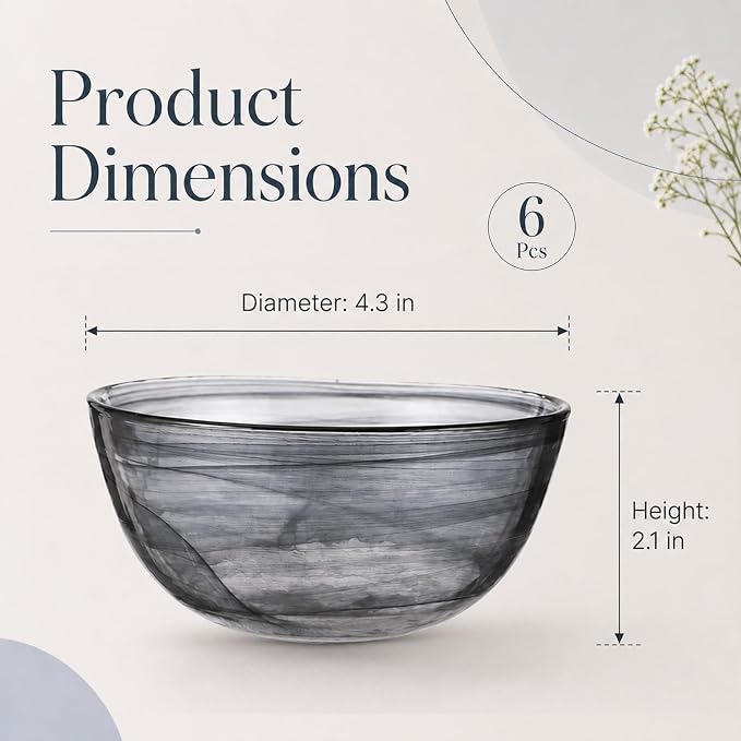 6 Pcs Black Glass Pasta Bowls Set, Elegant Alabaster Ink Swirl Pattern | 4.3 in Mini Soup Bowls for Salad, Cereal, Fruit and Dessert, Elegant Tableware for Kitchen