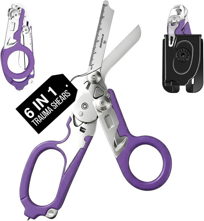 Heavy Duty 6 in 1 Multifunctional Trauma Shears Foldable | Stainless Steel emergency response scissors | Survival Shears with Holster | Medical Trauma shears Tactical With Strap Cutter | Purple