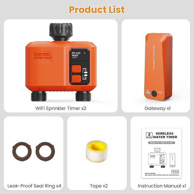 WiFi Water Timer for Garden Hose with 984 ft Range,Smart 2- Zone Sprinkler Timer, APP & Remote Control, Voice Control,Rain Delay, Manual Mode Sprinkler System, Lawn Sprinklers for Yard Large Area