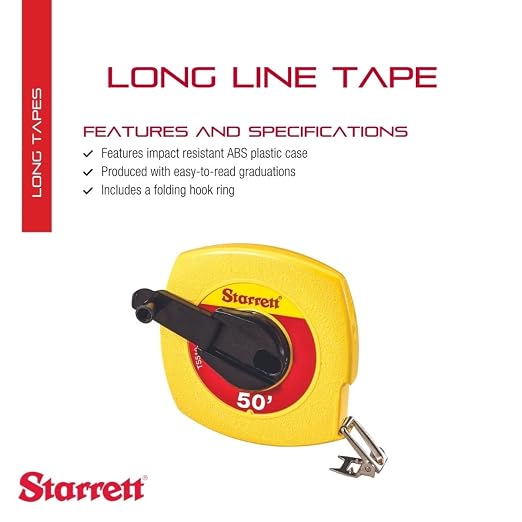 Starrett Closed Reel Long Line Tape with ABS Plastic Case, Easy-to-Read Graduation and Folding Hook Ring - 50' Length, 3/8" Width, 1/8" Graduation, L1 Graduation Style Number - KTS510-50-N