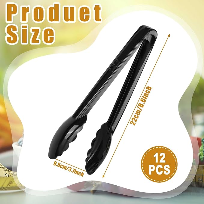 Mwellewm 12 Pc Serving Tongs 9 Inch Bulk Reusable or Disposable Plastic Tongs Heavy Duty Hard Plastic Serving Utensils Set Large Salad Tong for Kitchen Party Food Buffet Appetizer Catering(Black）