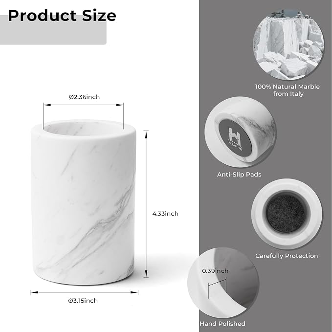 Natural Marble Pen Holder for Desk, Handcrafted Volakas Sturdy Desk Organizer for Office Supplies Storage Desktop Stationary Makeup Brushes Cup Pencil Holders for Home White (DL002)