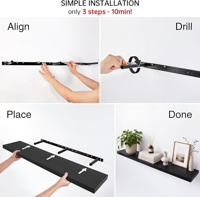 BAYKA Floating Shelves, 47.2 inches Long Heavy Duty Wall Mounted Rustic Wood Shelves for Bathroom, Bedroom, Living Room, Kitchen, Office, Hanging Shelf for Books/Storage/Decor(Black,Set of 2)