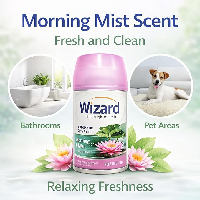 Wizard Automatic Spray Refill Morning Mist 12-Pack, Air Freshener Refills (5.0 oz Each), Compatible with Air Wick & Glade Automatic Spray Dispensers