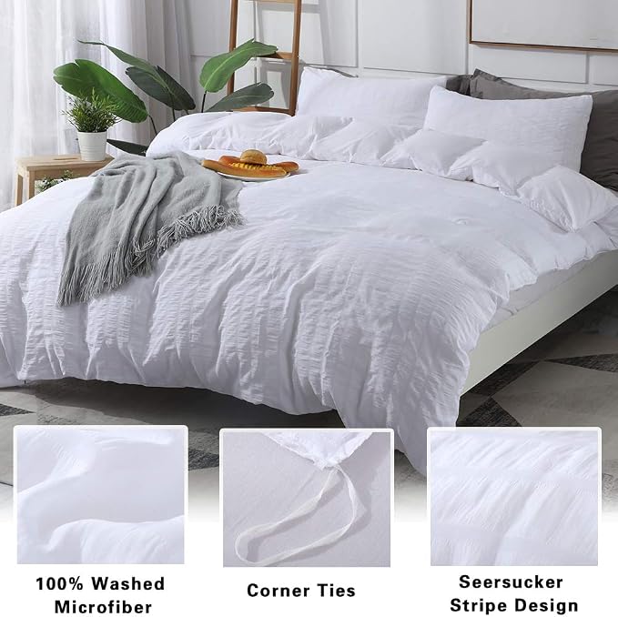 AveLom White Duvet Cover King Size, Textured Seersucker Duvet Cover Set, Soft Washed Microfiber with Zipper Closure and Corner Ties, 3 Pieces, 104" x 90" Duvet Cover & 2 Pillowcases