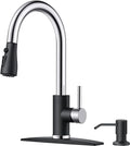 FORIOUS Kitchen Faucets with Soap Dispenser and Pull Down Sprayer, Bar High Arc Single Handle Classic 3 Modes Stainless Steel Faucet for Kitchen Sink Farmhouse RV Laundry Camper, Black Chrome