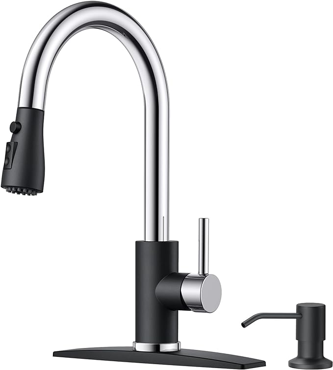 FORIOUS Kitchen Faucets with Soap Dispenser and Pull Down Sprayer, Bar High Arc Single Handle Classic 3 Modes Stainless Steel Faucet for Kitchen Sink Farmhouse RV Laundry Camper, Black Chrome