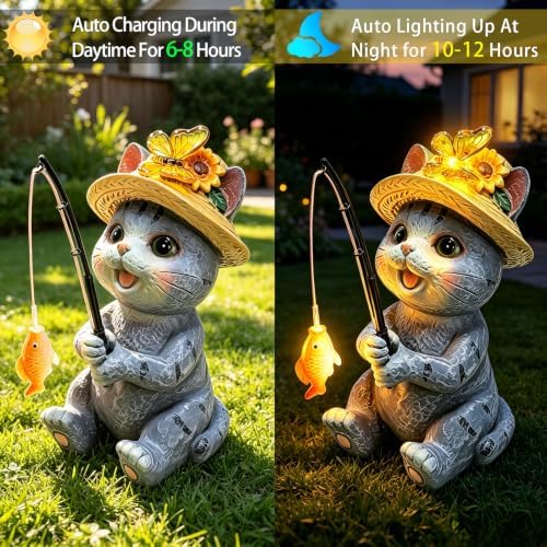 Solar Garden Cat Statues, Outdoor Fishing Cat with Butterfly Solar Lights