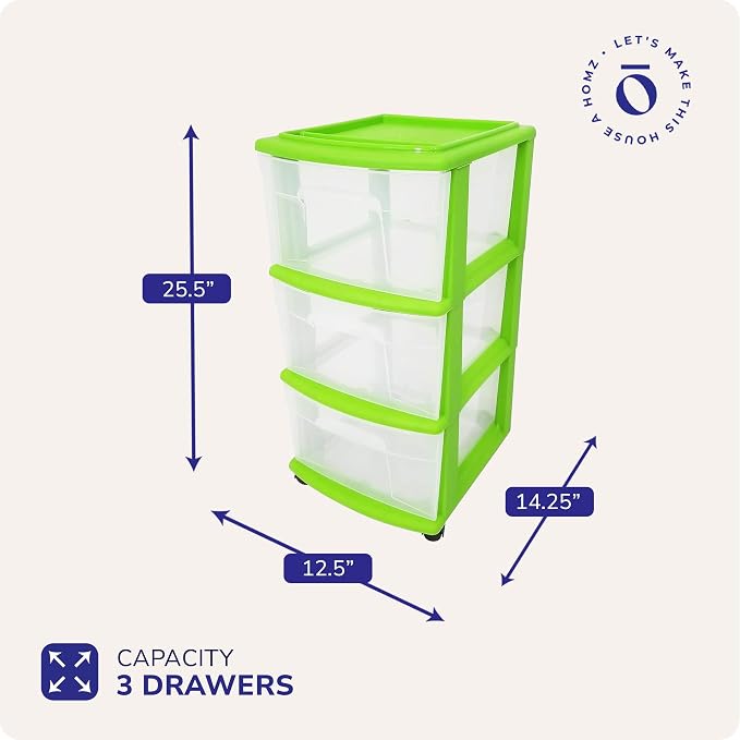 HOMZ Drawer Tower, 3-Tier Clear Plastic Storage Organizer Cart, Bold Lime Frame - Rolling Drawer Containers with Wheels for Bathroom, Bedroom, Office, and Classroom Organization