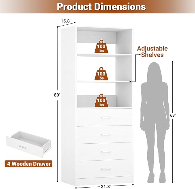 Aheaplus Closet Drawers System, 21.3" Wood Closet Organizer System with 4 Drawers, Modular Walk-in Closet System Storage Unit, Small Closets Wardrobe Rack, Tall Storage Cabinet Unit, White